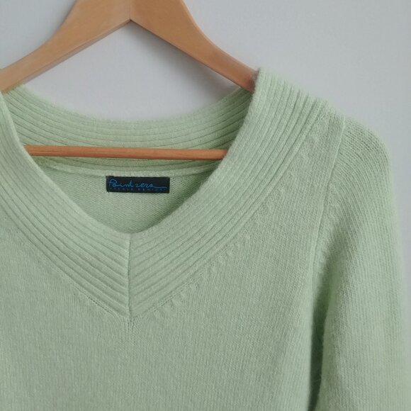 Y2K angora nylon blend fitted Medium V neck sweater top light apple green - Picture 4 of 15